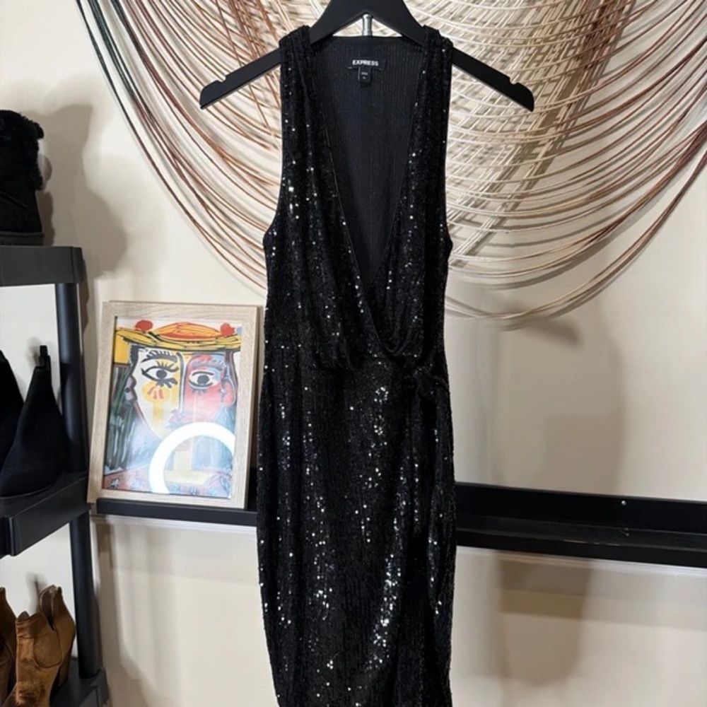 Express Black Sequin Strapless Wrap-Style Dress